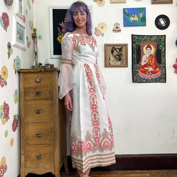 Vintage Alfred Shaheen Bell Sleeve Maxi Dress, 1970s Pink Paisley Gown Sz XS - Picture 2 of 10